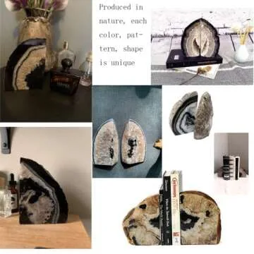 JIC Gem Agate Bookend(s) Black Bookshelf Decor geode bookends 1 Pair 3to 4 Lbs from Brazilian with Rubber Bumpers for Office and Home Decoration
