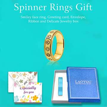 LAOYOU Fidget Spinner Ring For Anxiety Women – 6mm Gold Plated Stainless Steel Womens Smiley Face Spinner Rings Happy Face Band Stress Relief Anxiety Ring for Women Ladies Gold Size 8