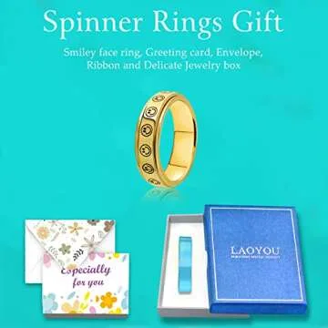 LAOYOU Fidget Spinner Ring For Anxiety Women – 6mm Gold Plated Stainless Steel Womens Smiley Face Spinner Rings Happy Face Band Stress Relief Anxiety Ring for Women Ladies Gold Size 8