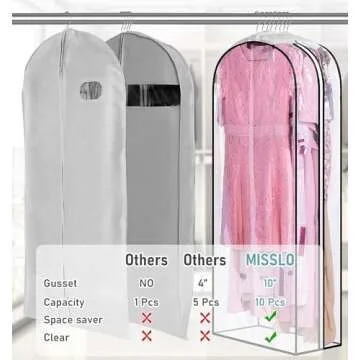 MISSLO 10" Gusseted All Clear Garment Bags for Hanging Clothes 50" Dress Bags for Closet Storage Coat Protectors for Suits, Gowns, 3 Packs