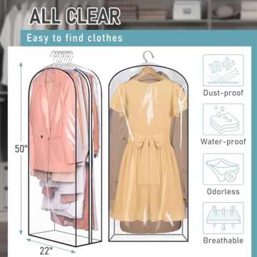 MISSLO 10" Gusseted All Clear Garment Bags for Hanging Clothes 50" Dress Bags for Closet Storage Coat Protectors for Suits, Gowns, 3 Packs