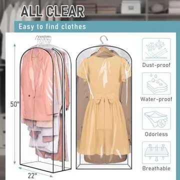 MISSLO 10" Gusseted All Clear Garment Bags for Hanging Clothes 50" Dress Bags for Closet Storage Coat Protectors for Suits, Gowns, 3 Packs