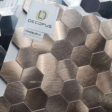 Decopus Metal Tile Backsplash with Retro Look - (Hexagon Copper Gold 5Pack) Metallic Peel and Stick,...