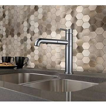 Decopus Metal Tile Backsplash with Retro Look - (Hexagon Copper Gold 5Pack) Metallic Peel and Stick, DIY Wall Remodelling - Luxury Style, Affordable for Kitchen, Bathroom, Stairway, Mirrors