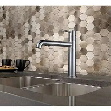 Decopus Metal Tile Backsplash with Retro Look - (Hexagon Copper Gold 5Pack) Metallic Peel and Stick, DIY Wall Remodelling - Luxury Style, Affordable for Kitchen, Bathroom, Stairway, Mirrors