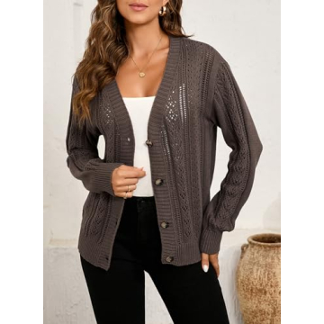 SHEWIN Cardigan Sweaters for Women Lightweight Long Sleeve Open Front Crochet Cropped Cardigans Casual Cable Knit Sweater Fall Sweaters for Women 2024,Dark Khaki L