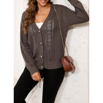 SHEWIN Cardigan Sweaters for Women Lightweight Long Sleeve Open Front Crochet Cropped Cardigans Casual Cable Knit Sweater Fall Sweaters for Women 2024,Dark Khaki L