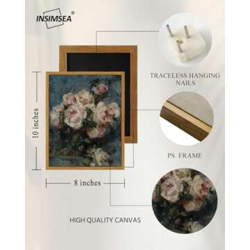 InSimSea Framed Wall Art for Living Room Roses in Vase Canvas Flower Art Home Valentine Decor Boho Wall Pictures Vintage Botanical Art Mid Century Floral Wall Decor Farmhouse Kitchen Bathroom 8x10in