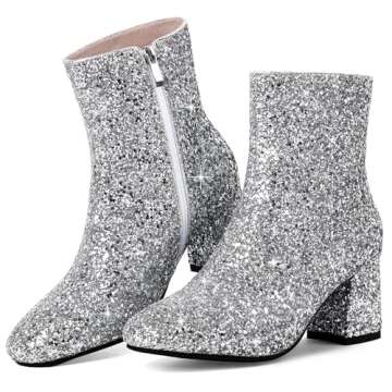MAVMAX Silver Ankle Boots for Women Sparkly Party Shoes with Rhinestones
