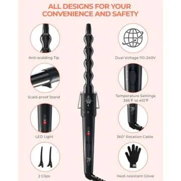 7 in 1 Curling Wand Set: Ohuhu Curling Iron Wand 7Pcs 0.35 to 1.25 Inch Interchangeable Ceramic Barrel Heat Protective Glove 2 Clips Dual Voltage Hair Curler for Girls Women Black