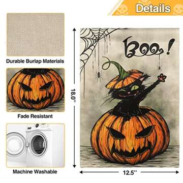 HOSCAPE Halloween Garden Flag 12.5 x 18 Inch Vertical Double Sided, Pumpkin Spider Cat Boo Halloween...
