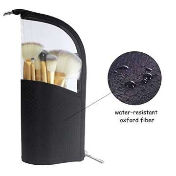 ANEMEL Black Travel Makeup Brush Holder 2-Pack, Organizer Bag Clear Plastic Cosmetic Zipper Pouch Portable Waterproof Dust-Free Stand-Up Small Toiletry Stationery Bag with Divider
