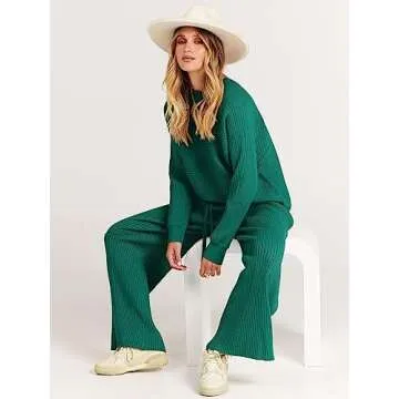 ANRABESS Women's Two Piece Outfits Crop Top Wide Leg Pants Cozy Knit Sweater Lounge Sets 2024 Fall Trendy Travel Clothes