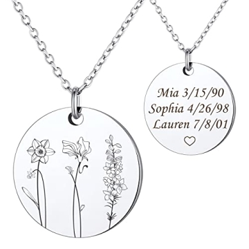 Anavia Multiple Birthday Month Flowers Necklace Connection of Family and Friends, Personalized Engra...