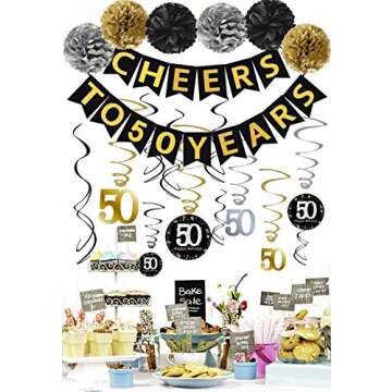 Famoby 50th Birthday Party Decorations Kit - Gold Glittery Cheers to 50 Years Banner,Poms,12Pcs Spar...