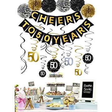 Famoby 50th Birthday Party Decorations Kit - Gold Glittery Cheers to 50 Years Banner,Poms,12Pcs Sparkling 50 Hanging Swirl for 50th Birthday Decorations 50 Years Old Party Supplies
