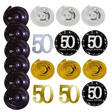 Famoby 50th Birthday Party Decorations Kit - Gold Glittery Cheers to 50 Years Banner,Poms,12Pcs Sparkling 50 Hanging Swirl for 50th Birthday Decorations 50 Years Old Party Supplies