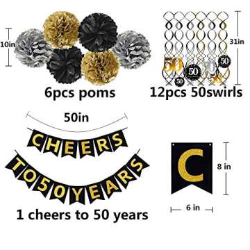 Famoby 50th Birthday Party Decorations Kit - Gold Glittery Cheers to 50 Years Banner,Poms,12Pcs Sparkling 50 Hanging Swirl for 50th Birthday Decorations 50 Years Old Party Supplies