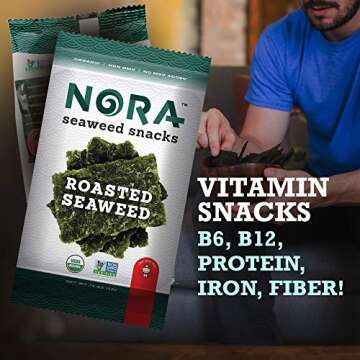 Seaweed Snacks - Seaweed Sheets - Dairy Free Snacks - Vegan Seaweed Snacks Organic - Seaweed Chips - Organic Seaweed Snack - Nori Seaweed Thins - NORA Seaweed Snacks - Roasted Seaweed Salt - 12 Pack