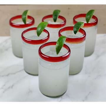 Dos Sueños Hand Blown Mexican Drinking Glasses - Set of 6 Glasses with Red Rims (14 oz each)