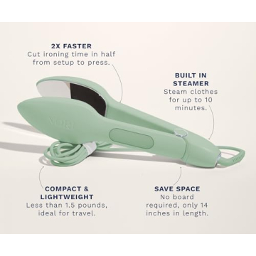Nori Press Travel Steam Iron | Handheld Iron With Steam | No Ironing Board Required | Easy to Use w/ 6 Fabric Settings | Optional Steam Feature | Removes Wrinkles | Green