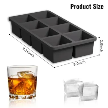 Samuelworld Large Silicone Ice Cube Tray Molds, 2-Pack, Big 2 Inch Cubes - Food Grade, Flexible, 8 Cavity Easy Release Slow Melting Ice for Whiskey, Cocktails, Gifts & Christmas - Black