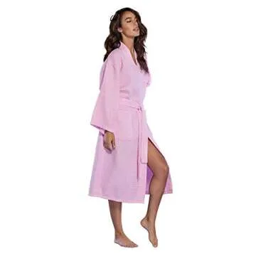 Turquaz Personalized Embroidered and Monogrammed Bathrobes for Women | Lightweight Long Waffle Kimono Unisex Spa Robe (One Size, Pink)