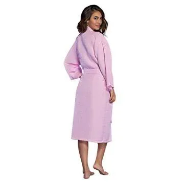 Turquaz Personalized Embroidered and Monogrammed Bathrobes for Women | Lightweight Long Waffle Kimono Unisex Spa Robe (One Size, Pink)