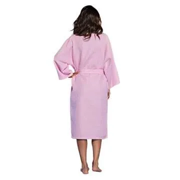 Turquaz Personalized Embroidered and Monogrammed Bathrobes for Women | Lightweight Long Waffle Kimono Unisex Spa Robe (One Size, Pink)