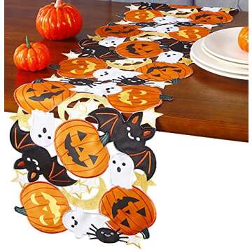 Holiday Halloween Table Runner 13"x36" ,Cutwork Applique Embroidered Pumpkins and Bats Dresser Scarf...