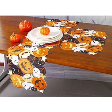 Holiday Halloween Table Runner 13"x36" ,Cutwork Applique Embroidered Pumpkins and Bats Dresser Scarf for Home Dining Autumn Thanksgiving Tabletop Decoration