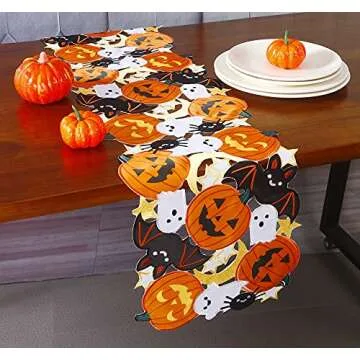 Holiday Halloween Table Runner 13"x36" ,Cutwork Applique Embroidered Pumpkins and Bats Dresser Scarf for Home Dining Autumn Thanksgiving Tabletop Decoration