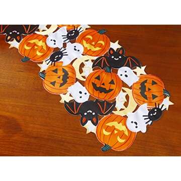 Holiday Halloween Table Runner 13"x36" ,Cutwork Applique Embroidered Pumpkins and Bats Dresser Scarf for Home Dining Autumn Thanksgiving Tabletop Decoration