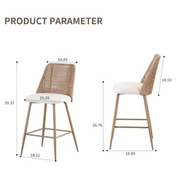 JALOURT Rattan Counter Height Bar Stools Set of 2, 26'' Modern Boucle Fabric Bar Stools with Full PE...