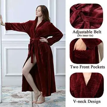 Hellomamma Long Bath Robe for Womens Plush Soft Fleece Bathrobes Nightgown Ladies Pajamas Sleepwear Housecoat Wine Red L-XL