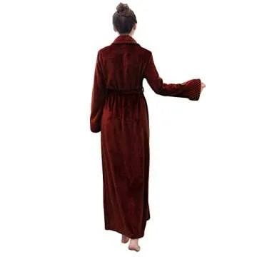 Hellomamma Long Bath Robe for Womens Plush Soft Fleece Bathrobes Nightgown Ladies Pajamas Sleepwear Housecoat Wine Red L-XL