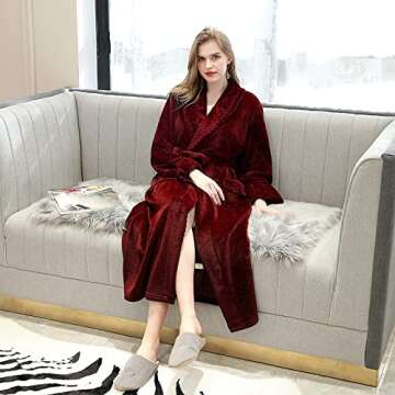 Hellomamma Long Bath Robe for Womens Plush Soft Fleece Bathrobes Nightgown Ladies Pajamas Sleepwear Housecoat Wine Red L-XL
