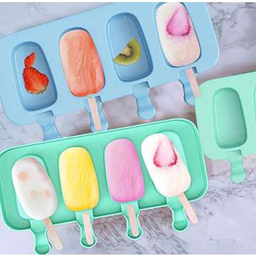 Ouddy Life Popsicle Molds Set of 2, Ice Pop Molds Silicone 4 Cavities Ice Cream Mold Oval Cake Pop Mold with 50 Wooden Sticks for DIY Popsicle, Green Blue