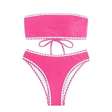 ZAFUL Women Strapless Textured Bandeau Bikini 2 Piece Swimwear Cheeky Solid Lace up Bathing Suits (4...