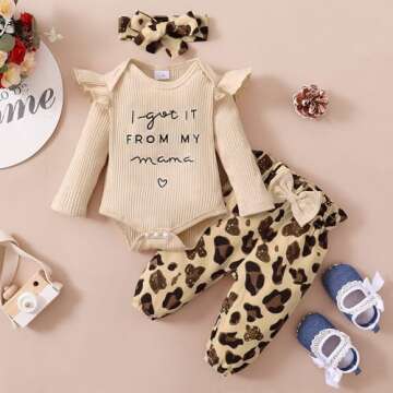 OLLUISNEO 0-3 Months Baby Girl Clothes Infant Romper Outfits Ruffle Sleeve Top Leopard Pant Set Newborn Baby Clohtes for Girls