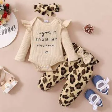 OLLUISNEO 0-3 Months Baby Girl Clothes Infant Romper Outfits Ruffle Sleeve Top Leopard Pant Set Newborn Baby Clohtes for Girls