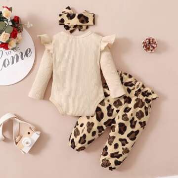 OLLUISNEO 0-3 Months Baby Girl Clothes Infant Romper Outfits Ruffle Sleeve Top Leopard Pant Set Newborn Baby Clohtes for Girls