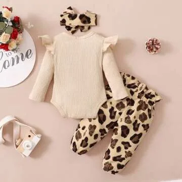 OLLUISNEO 0-3 Months Baby Girl Clothes Infant Romper Outfits Ruffle Sleeve Top Leopard Pant Set Newborn Baby Clohtes for Girls
