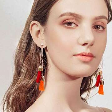 AROIC 26 Pairs Tassel Earrings with Colorful Tassel Long Layered Dangle Hoop Tiered Thread Earrings Set for Women Jewelry Fashion and Valentine Birthday Party Gift