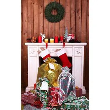 Christmas Gift Bags,40Pcs Santa Wrapping Bag in 4 Sizes and 4 Designs with Inserted Drawstring Ribbons and Tags for Wrapping Holiday