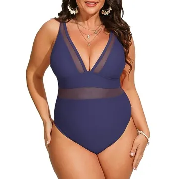 CUPSHE Women Plus Size One Piece Swimsuit V Neck Mesh Sheer Tummy Control Bathing Suit with Adjustab...