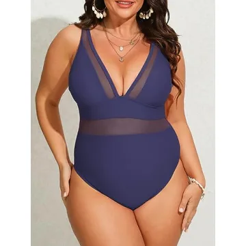 CUPSHE Women Plus Size One Piece Swimsuit V Neck Mesh Sheer Tummy Control Bathing Suit with Adjustable Wide Straps, 0X Dark Purple