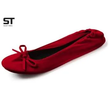 Silky Toes Women’s Velvet Foldable Ballet Flats Portable Travel Shoes (Small, Red)