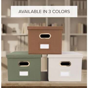 ZICOTO Decorative File Organizer Box Set of 2 - Collapsible Linen Filing Cabinets w/Handles Are Perfect to Store all Your Documents & Hanging File Folders - Portable Easy Slide Crates with Lid