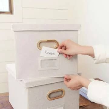 ZICOTO Decorative File Organizer Box Set of 2 - Collapsible Linen Filing Cabinets w/Handles Are Perfect to Store all Your Documents & Hanging File Folders - Portable Easy Slide Crates with Lid